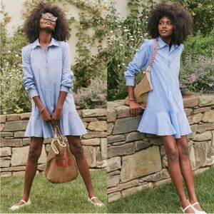 Tuckernuck Dress Callahan Mini Flounce Hem Long Sleeve in Blue Chambray Cotton